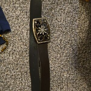 Brown Leather Belt with Ornate Brass Buckle